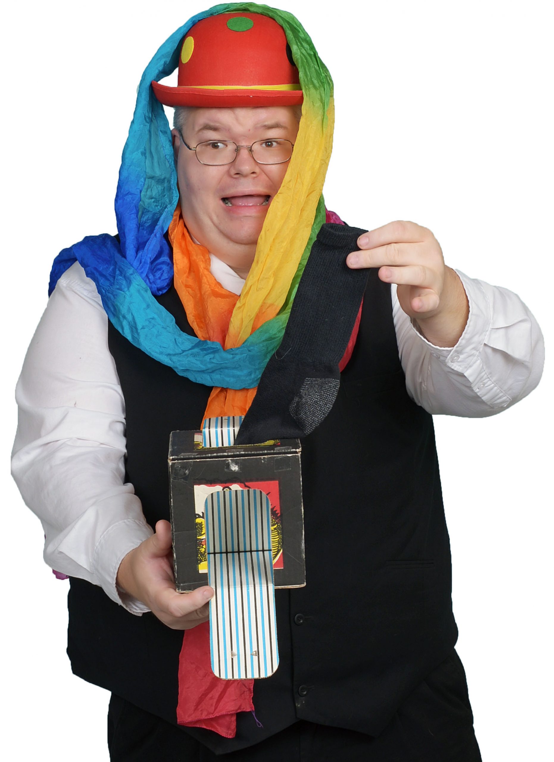 Magician Mr. Oops pulling a colorful stream of scarves from a magic sock, expressing surprise and delight.
